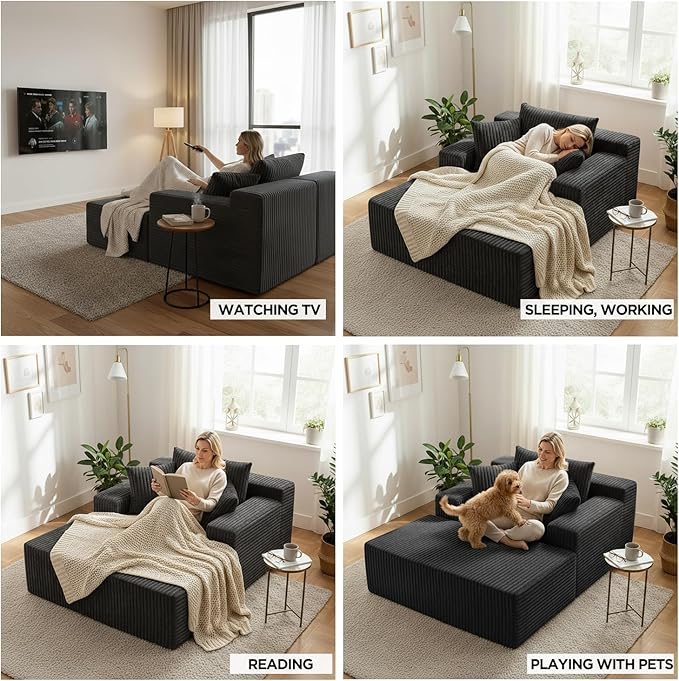 Sytopia Chaise Lounge with Armrests, Oversized Sofa Bed with 3 Pillows, Cozy Boneless Couch, Sleeper Reading Chair for Living Room Bedroom, Floor Sofa Corduroy, Furniture Sala, Volcanic Ash
