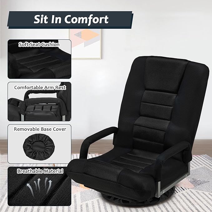 360° Swivel Gaming Chair 6 Adjustable Positions Backrest with Armrest Foldable Floor Chairs Suitable for Reading, Relaxing, Mediation,Black