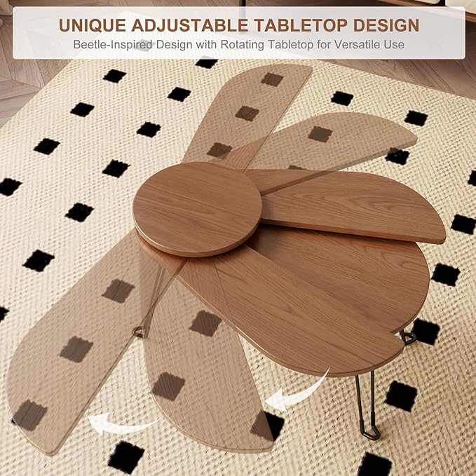 Solid Wood Small Coffee Table, Beetle Design, Full Assembly, Folding Coffee Table for Small Spaces, Portable Floor Table Furniture for for Garden, Balcony, Indoor or Outdoor Use (Walnut)