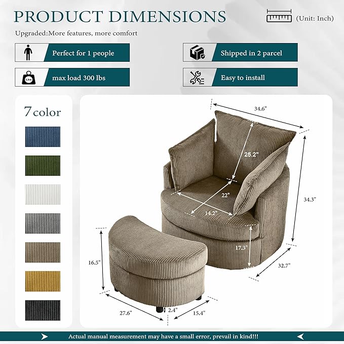Chorlenimi Swivel Accent Chair Round Barrel Armchair Upholstered Living Room Chair Corduroy Reading Chair Single Sofa Chair for Bedroom Apartment Office (Brown, Upgrade 1Seater+ Ottoman)
