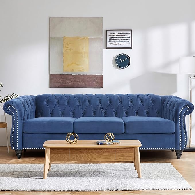 QHITTY Accent Large Sofa, Chesterfield Couch 3 Seater Modern Velvet Couch Upholstered Sofa with Tufted Back for Living Room Furniture (Blue)