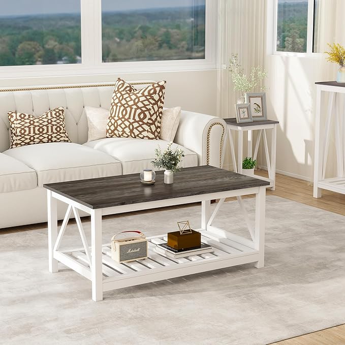 UYIHOME Farmhouse Coffee Table, White OakCoffee Table for Living Room, 2-Tier Rectangular Wooden Centre Cocktail Table with Slats Shelf Storage and V-Shaped Frame Modern Coffee Table Dark Oak