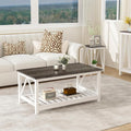 UYIHOME Farmhouse Coffee Table, White OakCoffee Table for Living Room, 2-Tier Rectangular Wooden Centre Cocktail Table with Slats Shelf Storage and V-Shaped Frame Modern Coffee Table Dark Oak