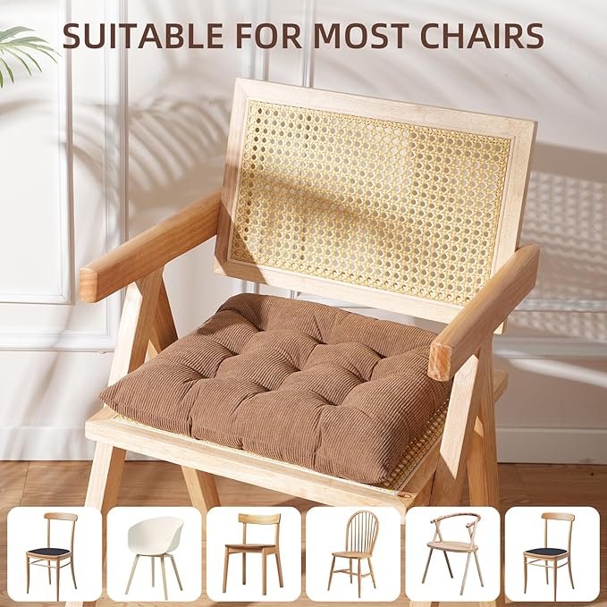 HLOVME Corduroy Chair Cushion with Ties Ultra Soft Warm Floor Cushion for Kids Reading Nook Comfortable Square Seat Cushion for Adult 15.7”x15.7” Set of 2, Khaki