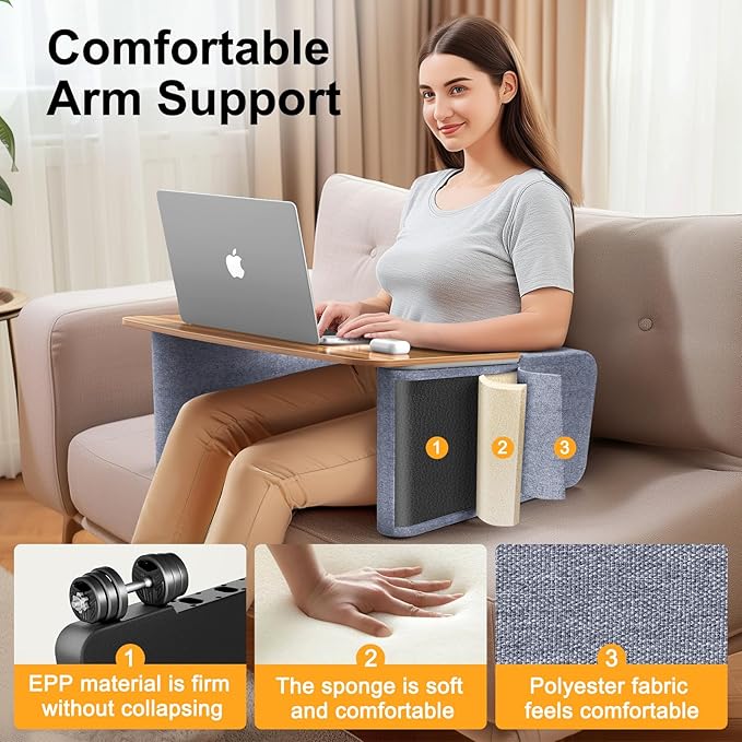 Lap Desk Pillow with Wooden Top, Large Reading Pillow for Bed, Laptop Desk for Couch, Gray