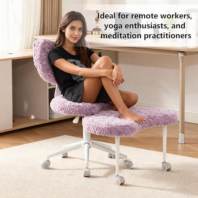 Meditation Chair with Lumbar Support,360° Swivel Cross Legged Chair with Wheels, Ergonomic Cross Legged Office Chair for Adults with ADHD, Height-Adjustable Yoga Chair,Faux Fur, Violet