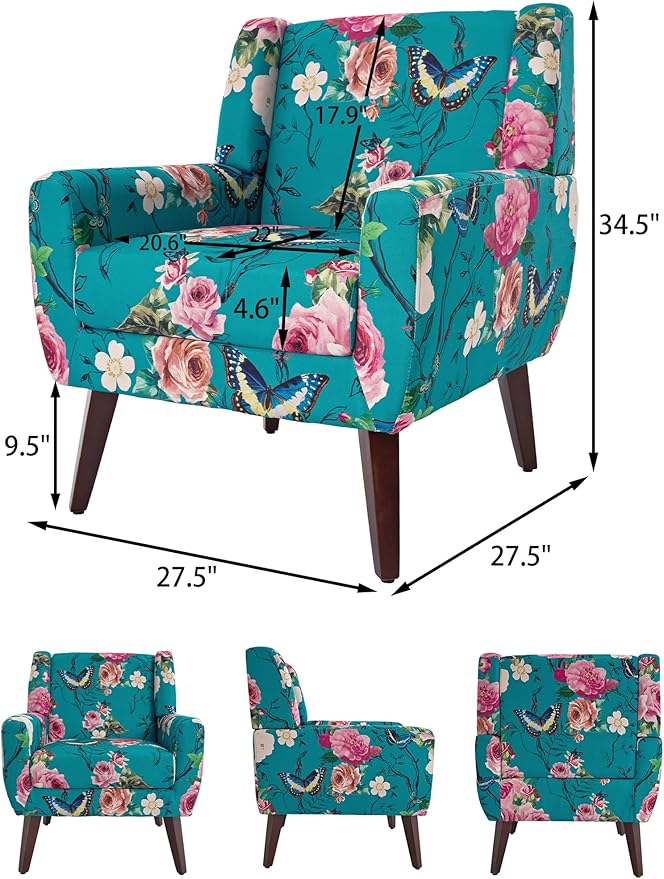 DREAMSIDEA Accent Chair, Modern Linen Blend Arm Chair for Living Room, Bedroom, Comfy High-Resilient Sponge Reading Chair for Small Spaces (Pattern Floral Blue, Set of 2)