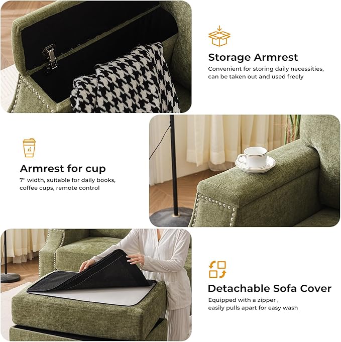 Rukefo 85" Sectional Sofa Couch with Storage Ottoman,L Shaped Couch with Armrest Organizer,3-Seater Sofa,Sofa and Chair Set,Couches for Living Room,Bedroom,Apartment,Chenille,Green