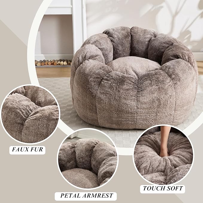 LukeAlon Faux Fur Bean Bag Chair with Filler & Petal Armrest - 44" Extra Large Fluffy Floor Sofa Chair for Adults - Soft Comfy Lounge Chair for Bedroom, Living Room, Game Room (Brown)