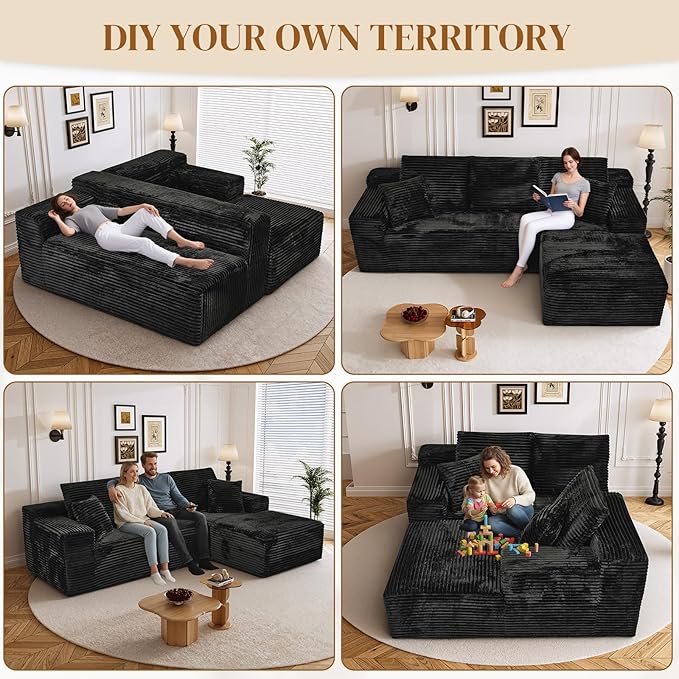 108" Boneless Cloud Sectional Couches for Living Room, Comfy Fluffy L Shaped Memory Foam Deep Seat Boneless Couch, Modular Sectional Sofa with Right Facing Chaise, Black