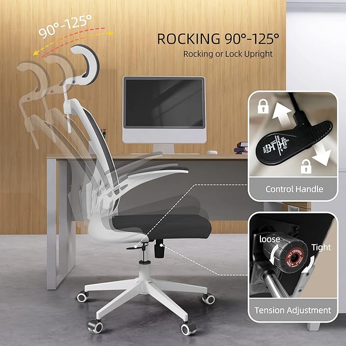 Office Chair Ergonomic Desk Chair with Lumbar Support&Headrest&Flip-up Arms Height Adjustable Rocking Swivel High Computer Chair Multi-Angle from 90° to 125° with 350LBS Capacity (03White+Black)