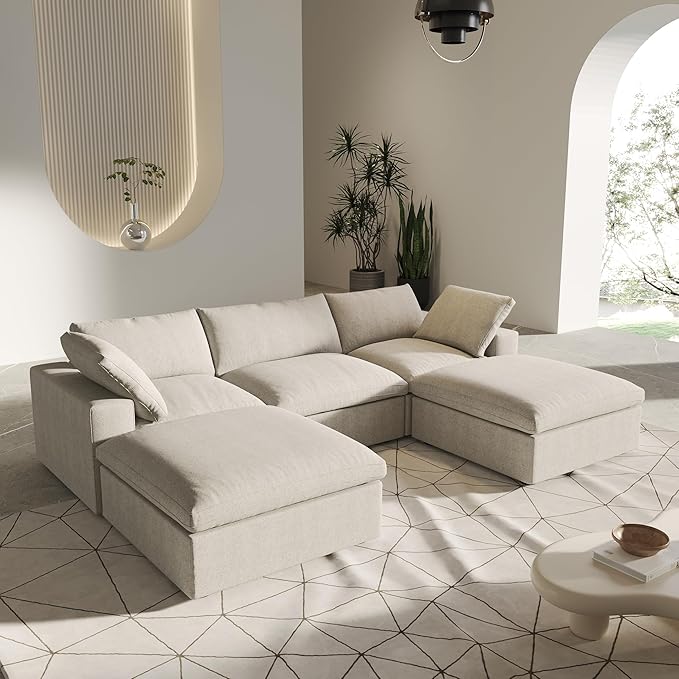 U-Shaped Cloud Sectional Couch, Khaki Modular Sectional Sofa, Modern Comfy Cloud Sofa with Storage Ottomans, Covers Removable, Convertible Sleeper Couch for Living Room Apartment (Linen Fabric)
