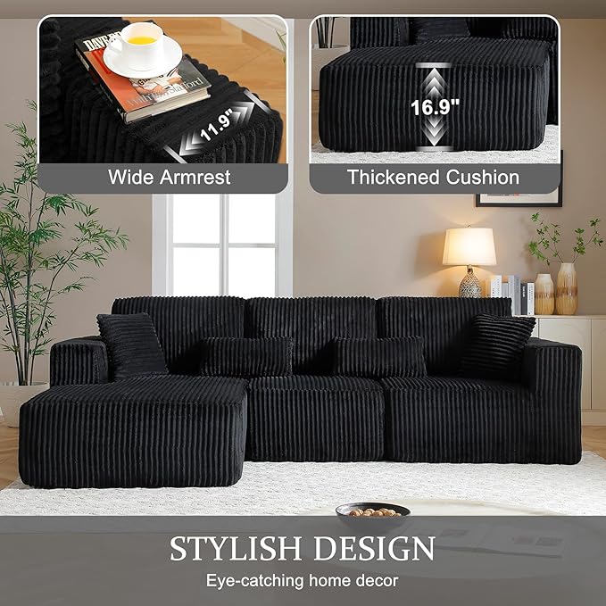 HYJT-H&K Modular Sectional Sofa Cloud Sectional Couch, 107" Comfy Fluffy L Shaped Dark Black Couches for Living Room, Deep Seat Memory Foam Plush Corduroy Boneless Couch Sectionals Left Facing Chaise