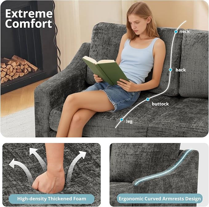 ACMEASE 67” Chenille 2-Seat Sofa w/Comfortable Back Cushions, Modern Love Seat w/Deep Seat Space, Upholstered 2 Seater Couch w/High Resiliency Foam for Living Room, Office Grey