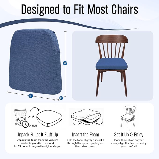 D-Shaped Indoor Chair Cushions 17" x 16" for Kitchen & Dining Chairs – 2'' Thick Seat Pads with Ties & Non-Slip Backing, High-Density Foam, Machine-Washable Covers, Set of 4 with Chair Leg Pads, Blue