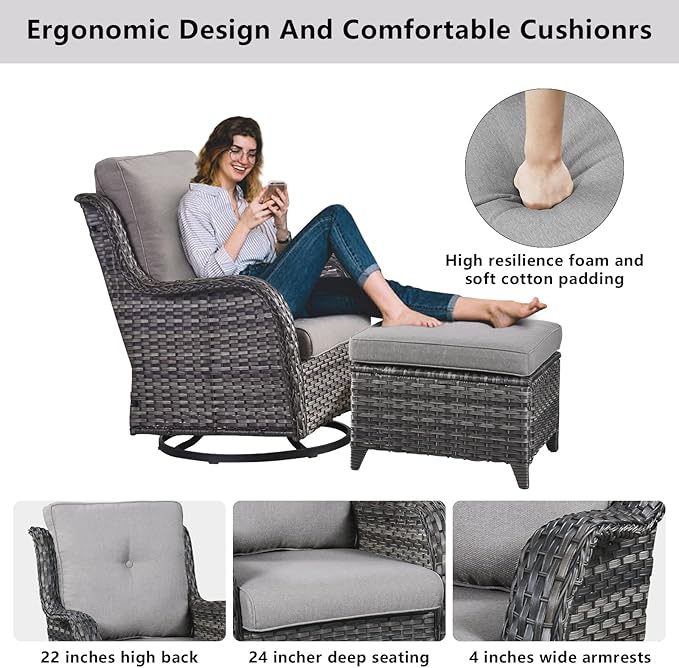 Belord 5 Piece Outdoor Patio Furniture Set - Wicker Furniture Patio Conversation Set, Outdoor Swivel Rocker Chairs with 3-Seater Sofa and 2 Ottomans for Small Space, Gray Cushion