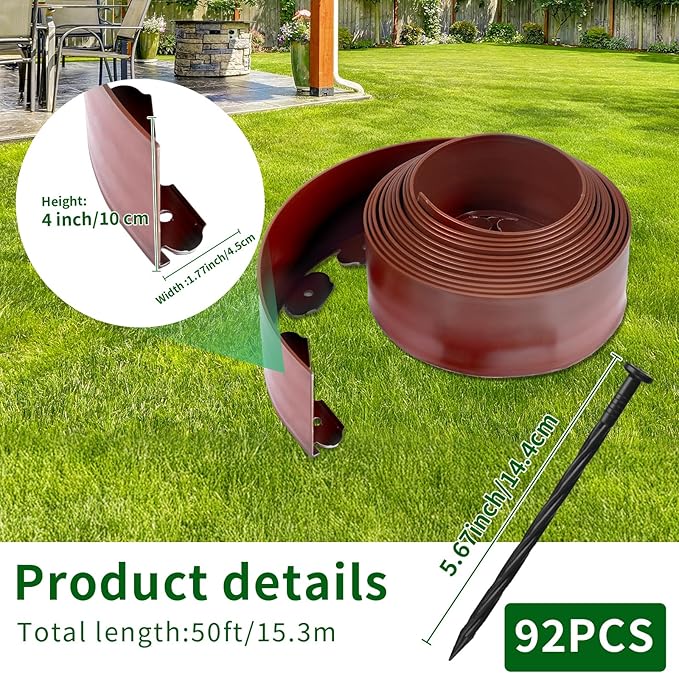 AggFencer 4 in x 50 Ft Garden Landscape Edging, No Dig Garden Edging Border Kit with 92 Pcs Spikes for Flower Bed Lawn Yard Grass Brown