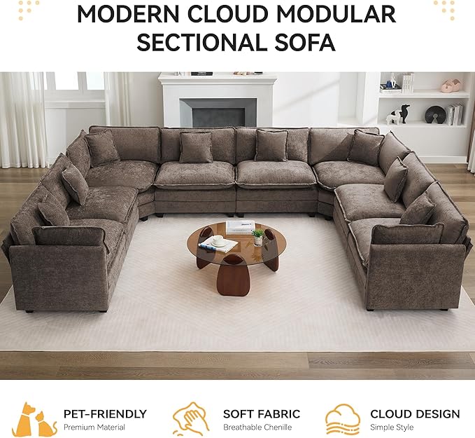 147'' Oversized U Shaped Cloud Sectional Sofa, Chenille Deep Seat Couches for Living Room, Comfy Upholstered Modular Sectional Sofa Couch, Brown