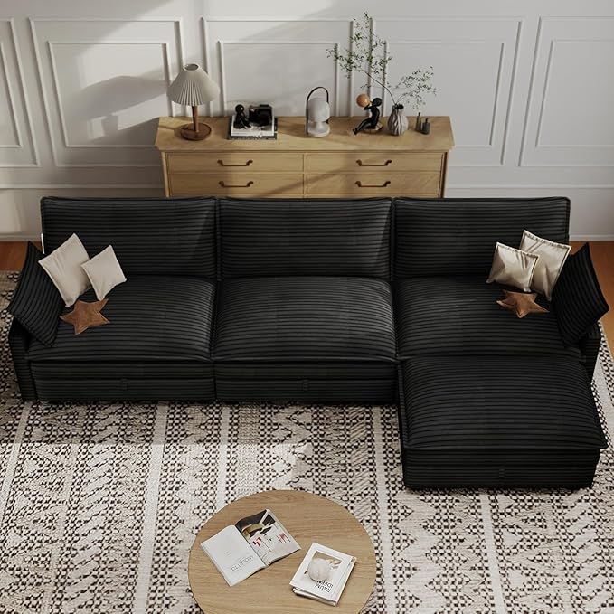 Modular Sectional L Shaped Sofa Couches with Storage Ottoman, Cloud Couch for Living Room, Comfy Sofa with Pillow, Dark Black