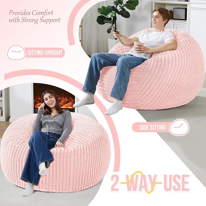 Homguava 4 FT Bean Bag Chair,4' Big Bean Bag,Large Bean Bag Chairs for Adults with Memory Foam Filled,Comfy Beanbag Chairs Soft Bean Bag Sofa with Dutch Corded Plush Cover-Soft Pink