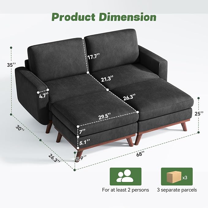 Vesgantti 68" Loveseat Sofa with Movable Ottoman, Comfy Corduroy Couch with Spring Cushion, Sofa Couch with Solid Wood, Modern Office Sofa with Deep Seat for Living Room and Bedroom, Black
