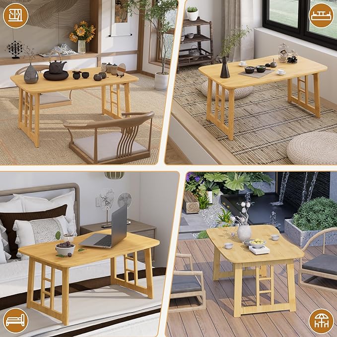 Folding Coffee Table, Foldable Japanese Floor Low Table Small Coffee Tables for Sitting On The Floor, No Assembly Portable Tea Table for Living Room Meditation Tea Room Tatami Zen Dining (Wood)