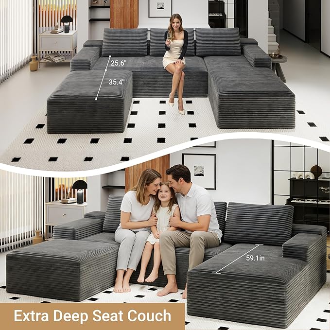 KAPEETOO Modular Sectional Sofa Cloud Couch with Right Chaise Longue, U Shaped Boneless Couch with Ottoman Deep Seat, Oversize 3-Seater Boneless Sofa Set for Living Room Bedroom (Grey)