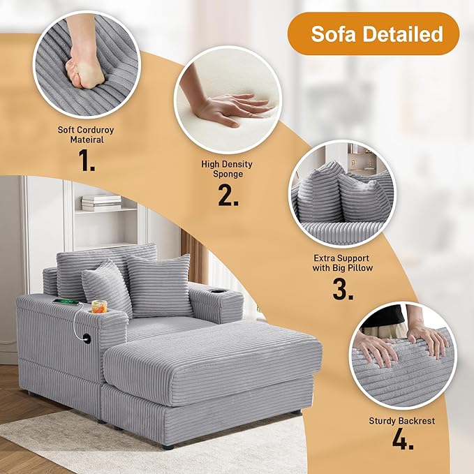 DAMAIFROM Oversized Chaise Lounge Chair Indoor with USB, Cup Holder & Ottoman, Firm Solid Wood Frame with Long Service Life Corduroy Oversized Lounge Reading Chair for Study Room - Grey