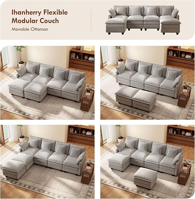 Ihanherry 106" U-Shaped Modern Sofa Modular Sectional Cloud Couch 6-Seat Chenille Seat Sofa with Ottoman for Living Room, Bedroom and Apartment, Grey