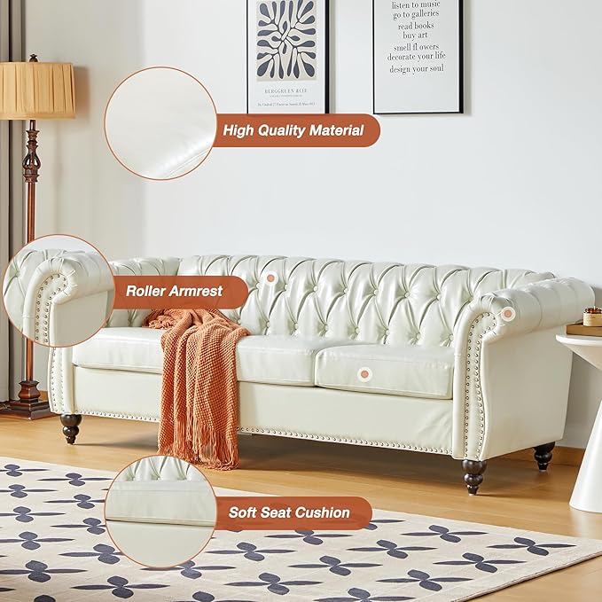 QHITTY Accent Large Sofa, Chesterfield Couch 3 Seater Modern Leather Couch Upholstered Sofa with Tufted Back for Living Room Furniture (White)