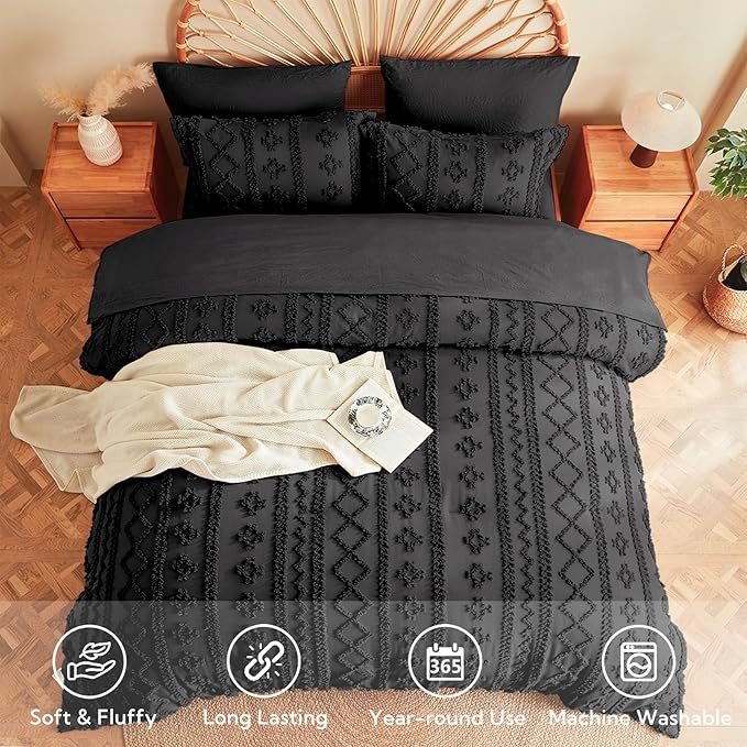MR&HM Full Size Bed Sheets and Comforter Set Black, 7 Pieces Tufted Boho Beddding Sets, Farmhouse Style Bed in a Bag with 1 Comforter, 2 Pillow Shams, 2 Pillowcases, 1 Flat Sheet, 1 Fitted Sheet