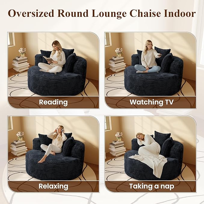 WJShome 50" Round Chaise Lounge Chair Indoor,Oversized Corduroy Upholstered Boneless Couch Deep Seat Sleeper Sofa Bed,No Assembly Required Couches for Living Room/Bedroom/Apartment,Black