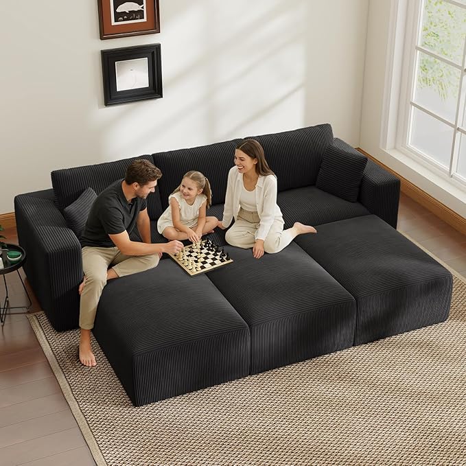 110" Modular Sectional Sofa, Cloud Couch Memory Foam Boneless Couch with Ottoman, Cozy 3 Seater Corduroy Floor Couch, No Assembly Required Living Room Furniture for Apartment, Black