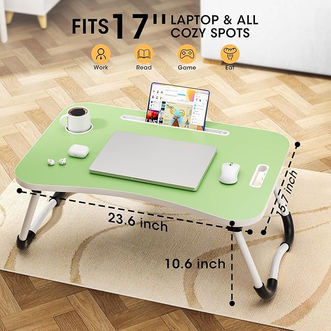 Folding Lap Desk, 23.6 Inch Wood Laptop Bed Desk with Cup Holder, Portable Bed Table for Working Writing Reading & Eating for Bed, Sofa, Couch, Floor - Green