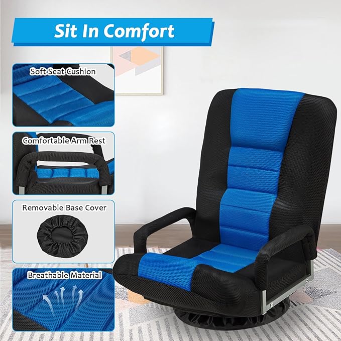 360 Rotating Swivel Gaming Chair w/6 Adjustable Positions Backrest Foldable Floor Chairs Suitable for Reading, Relaxing, Mediation,Blue
