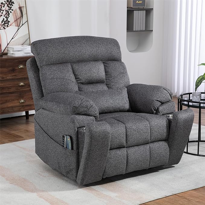 Lay Flat Power Lift Recliner Chair, | 400lbs | 25.5in Extra Wide | 4-Motor | Heat, Massage, Hidden Cup Holder, Sleeping | Big Man, Elderly (Light Grey)