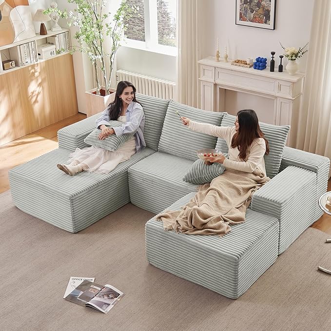 107" W Cloud Sectional Couch with Ottoman,Modern U-Shaped Cloud Couch with Deep Seat,Comfy Corduroy 3-Seater Sofa,Memory Foam Sofa for Living Room,No Assembly (Grey,Left-Facing Chaise)