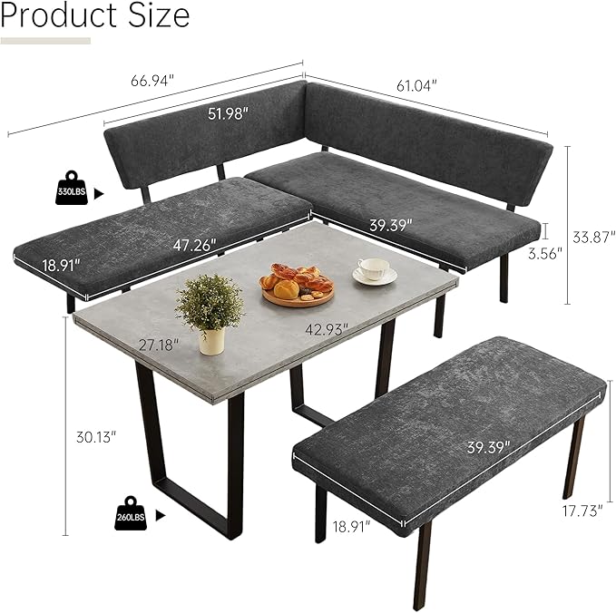 3-Piece Corner Dining Table Set with Bench, 67 Inch Space-Saving Breakfast Nook for Kitchen & Dining Room, Grey