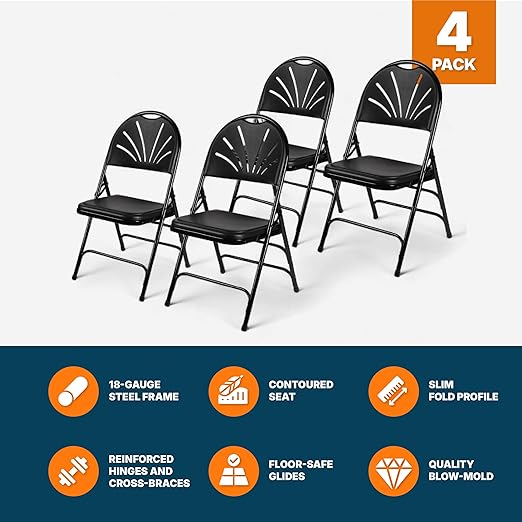 OEF Furnishings OEF1100 Series Premium Heavy-Duty Plastic Folding Chairs, Commercial Fanback Event Chairs with Triple Brace and 500 lb Capacity (4-Pack, Black Plastic with Black Frame)