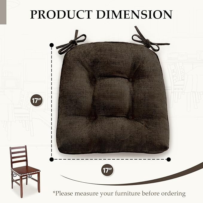 HARBOREST Chair Cushions for Dining Chairs Set of 6 - Chenille Tufted Kitchen Chair Cushions with Ties and Non-Slip Bottom, Foam Chair Pads for Dining Chairs, 17" x 17", Chocolate