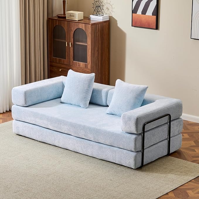77" Convertible Foldable Floor Couch, 3-Seat Futon Sleeper Sofa for Living Room, Bedroom, or Apartment, with Pillow Backrest and Armrests, Chenille Fabric, No Assembly Required, Light Blue