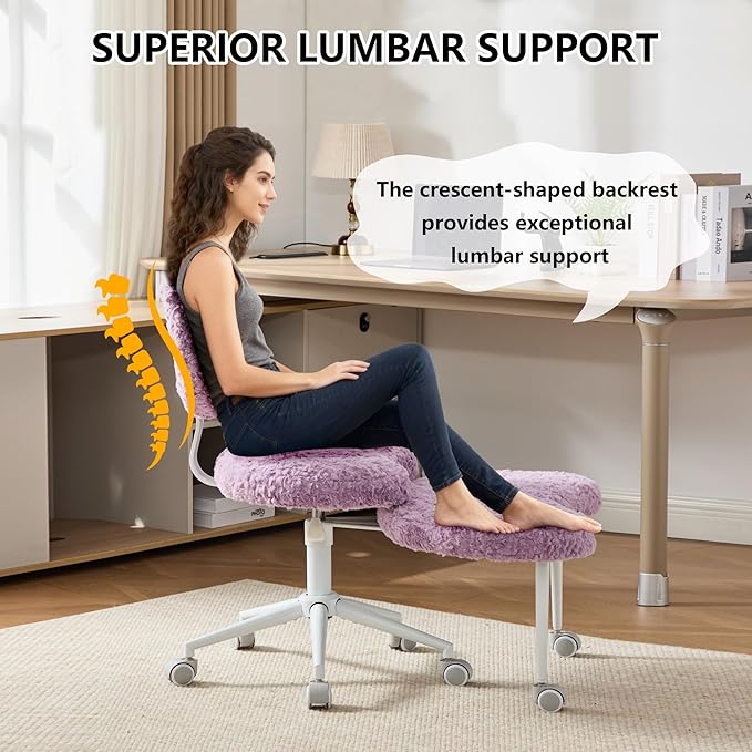Meditation Chair with Lumbar Support,360° Swivel Cross Legged Chair with Wheels, Ergonomic Cross Legged Office Chair for Adults with ADHD, Height-Adjustable Yoga Chair,Faux Fur, Violet