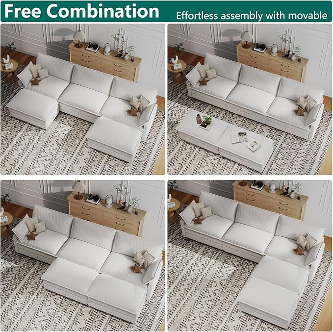Modular Sectional U Shaped Sofa Couches with Storage Ottoman, Cloud Couch for Living Room, Comfy Sofa with Pillow, White