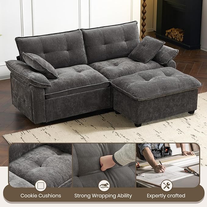 PALLOME 82" Deep Seat Comfy Cloud Couch, Modular Sectional Sofa with Movable Ottoman, L Shaped Chenille Sofa for Small Space, Modern Apartment Living Room & Office (Light Grey, 2-Seat + Ottoman)