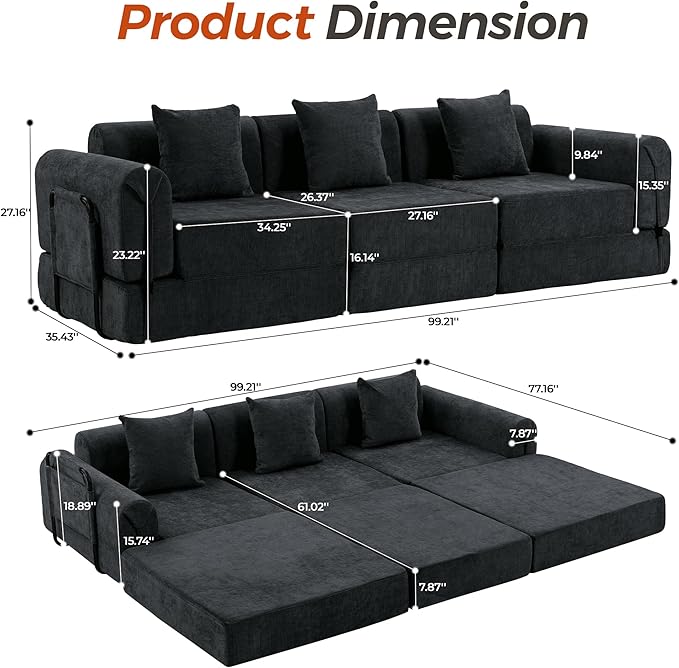 100" Oversized Convertible Sleeper Sofa Bed, Modular Sectional Cloud Sofa with Fixed-Shape Frame & Tabletop, Boneless Couch with Storage Pocket for Living Room, No Assembly Required, Black