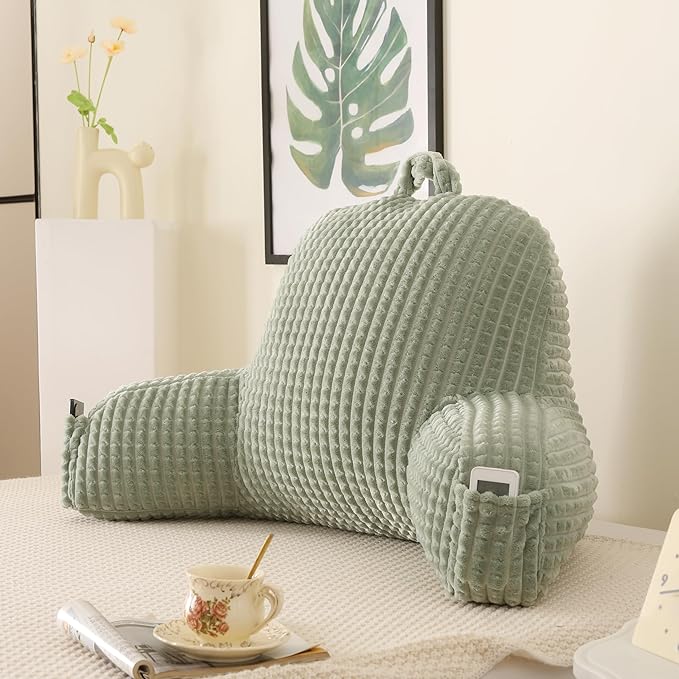 PAJEO Reading Pillow for Sitting in Bed, Large Backrest Reading Pillow with Arm Rest,Back-Rest Support Cushion for Sit Up on Couch, Sofa, and Floor, Dorm Essentials (Green Flannel, Large(19"))
