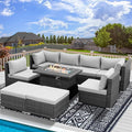 RADIATA 9 Piece Wicker Patio Furniture Set with Fire Pit, All-Weather Outdoor Sectional Couch High Back Large Size, Modular Backyard Seating Sofa Set with Propane/Natural Gas Firepit Table, Light Grey