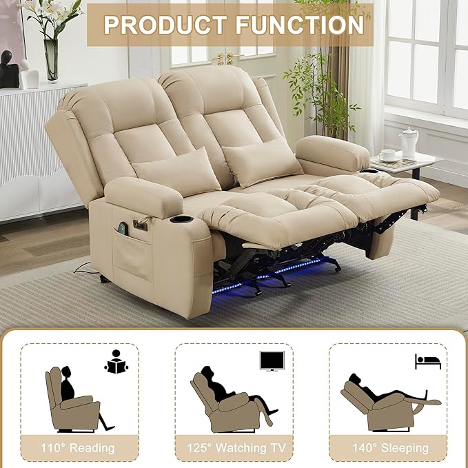 URRED Loveseat Recliner Sofa with Massage and Heat, Power Reclining Loveseat Sofa RV Couch Home Theater Seating with LED Lights, Cup Holders, Side Pockets, USB, Pillows, Leathaire Beige