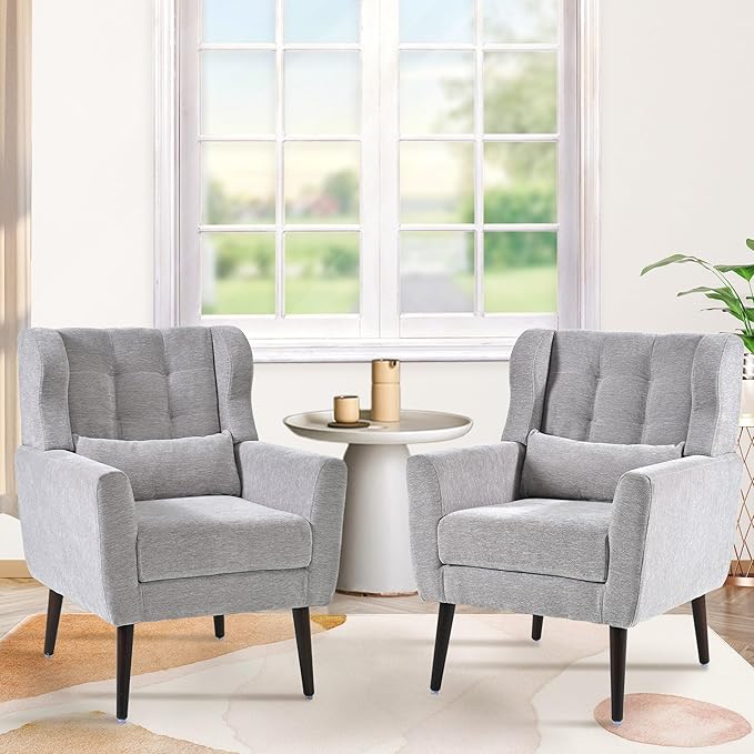 QKFF Accent Chair Set of 2, Upholstered Armchair with Pillow, Fabric Single Sofa Chair with Lounge Seat and Wood Legs Accent Chair for Living Room Small Spaces (Grey, Set of 2)