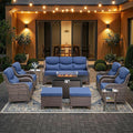 HUMMUH 10 Pieces Outdoor Furniture Set with Fire Pit 6-inch Cushions High Back Patio Furniture Set Wicker Swivel Rocker Chairs Sofa for Porch,Deck,Backyard